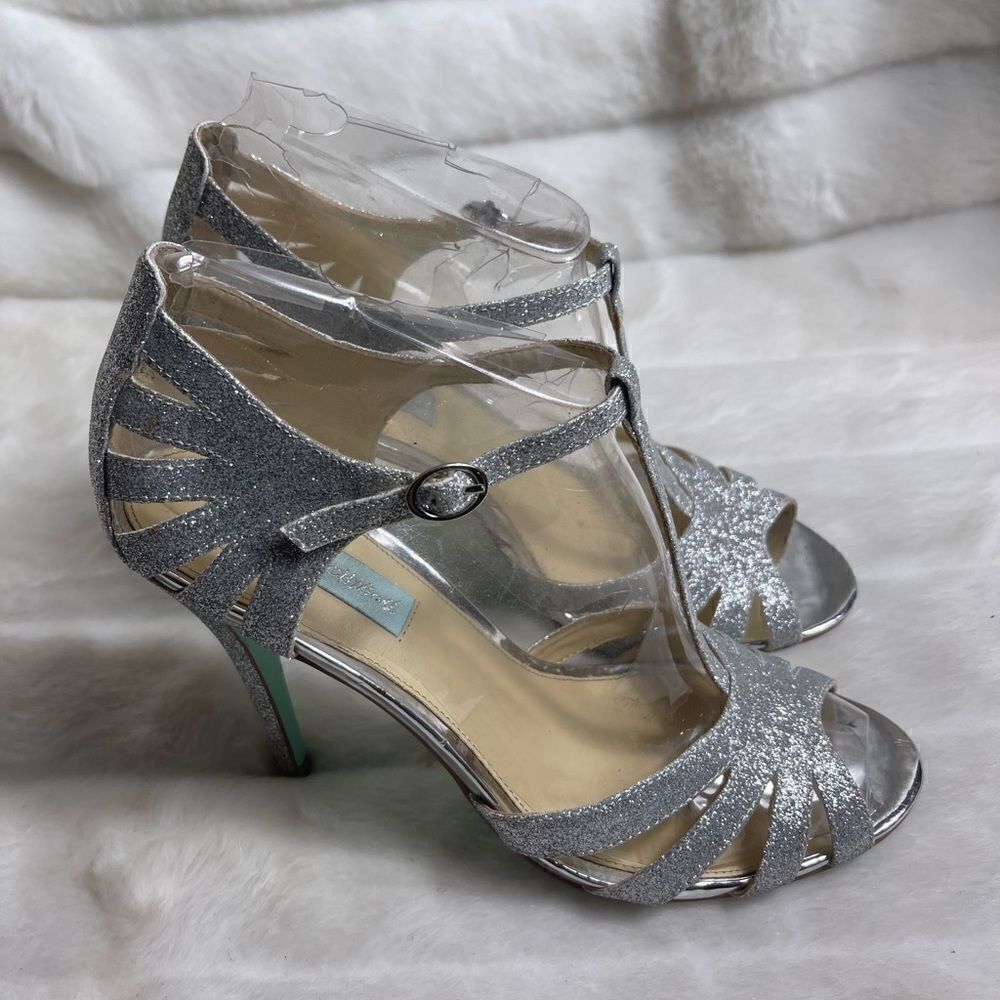 Betsey Johnson Blue silver glitter T strap sandals open toe ankle strap …